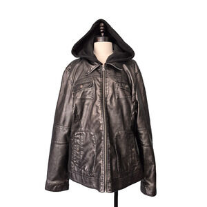 Maurices Jacket Womens Plus Size 2 Black Faux Leather Hooded Zipper Ribbed Coat